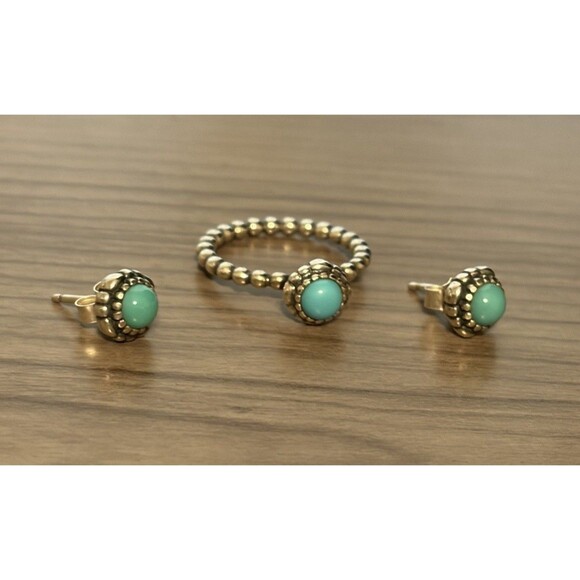 Authentic pandora ring, blue - Gem Authentic PANDORA December Birthday Blooms Turquoise Ring (Sz 6) and Earring Set